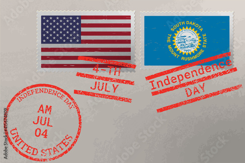Postage stamp envelope with South Dakota and USA flag and 4-th July stamps, vector.