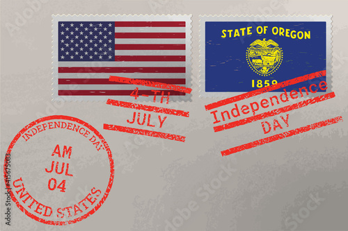 Postage stamp envelope with Oregon and USA flag and 4-th July stamps, vector.