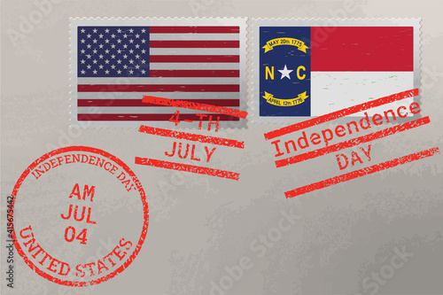 Postage stamp envelope with North Carolina and USA flag and 4-th July stamps, vector.