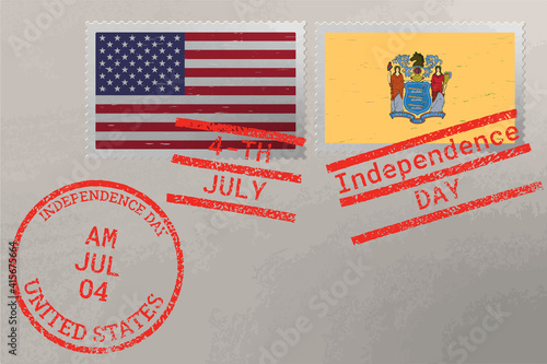 Postage stamp envelope with New Jersey and USA flag and 4-th July stamps, vector.