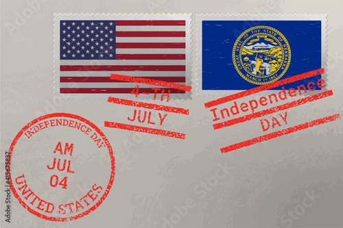 Postage stamp envelope with Nebraska and USA flag and 4-th July stamps, vector.