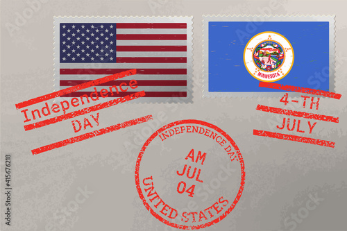 Postage stamp envelope with Minnesota and USA flag and 4-th July stamps, vector.