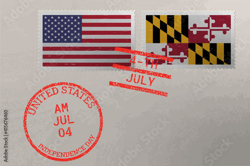 Postage stamp envelope with Maryland and USA flag and 4-th July stamps, vector.