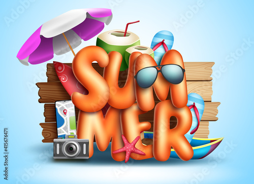 Fototapeta Naklejka Na Ścianę i Meble -  Summer vector concept design. Summer 3d text in wood texture background with tropical elements like umbrella, sunglasses and camera for holiday vacation outdoor travel. Vector illustration
