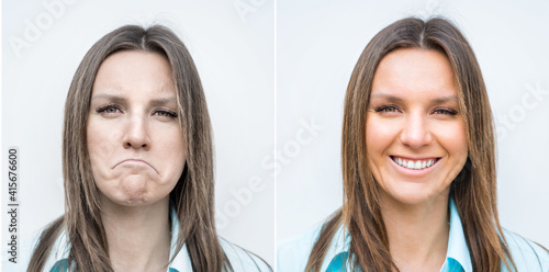 Sad and happy woman face. Lady with smiling and frowning face. Young woman expressing different emotions. Different moods. Emotional contrast.