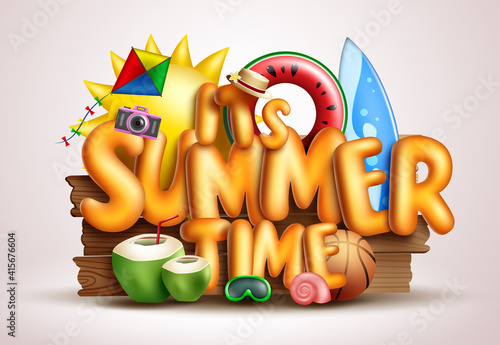 Summer time vector concept design. It's summer time 3d text for tropical season holiday vacation with beach elements like sun, wood texture, floater and surfboard. Vector illustration
