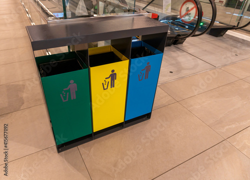 Separate waste collection. Modern trash bins for waste segregation. Management recycle garbage