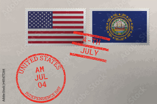 Postage stamp envelope with New Hampshire and USA flag and 4-th July stamps, vector.