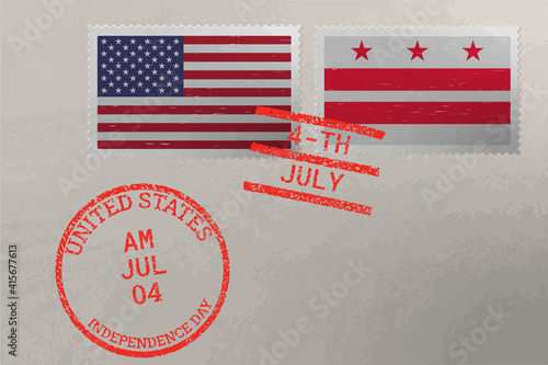 Postage stamp envelope with District of Columbia and USA flag and 4-th July stamps, vector.