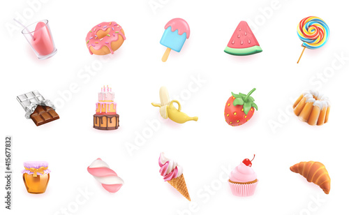 Sweet icons set. 3d realistic vector objects. Cocktail, dessert, cupcake, cake, strawberry, watermelon, banana, chocolate, ice cream, honey, croissant, donut, candy