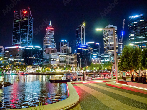 Perth city night time and colourful Christmas lights.