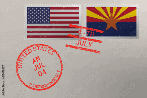 Postage stamp envelope with Arizona and USA flag and 4-th July stamps, vector.