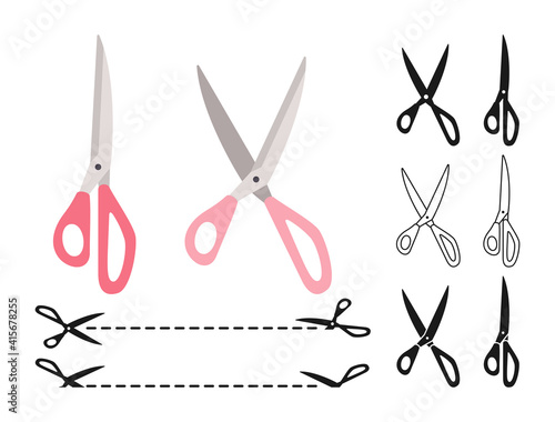 Seamstress scissors cartoon set. Dotted cutting coupon border, discount symbol cut edge. Open, closed cutting or nippers collection. Label discount sign. Craft flat scissoring. Vector illustration