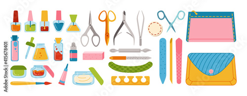 Manicure equipment cartoon set. Polishing nails, nail polish, file, tweezers, hand cream, scissors, oil, nippers and brush. Manicure tools design elements beauty and Spa concept trendy vector