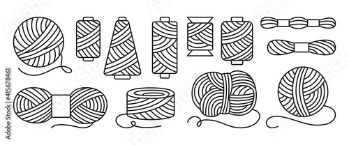 Sewing threads or yarn black line set. Spool and bobbin outline. Dressmaking needlework tools. Dressmaking, sewing workshop, tailoring hobby knitting, weaving wool. Isolated vector illustration