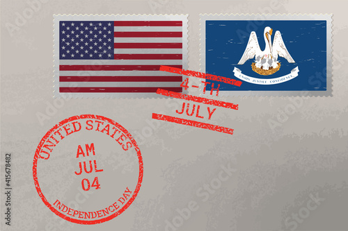 Postage stamp envelope with Louisiana and USA flag and 4-th July stamps, vector.