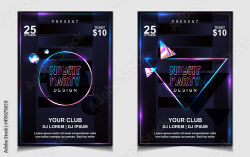 Night dance party music layout cover design template background with colorful dark blue glitters style. Light electro vector for music event concert disco, club invitation, festival poster, flyer