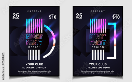 Night dance party music layout cover design template background with colorful dark blue glitters style. Light electro vector for music event concert disco, club invitation, festival poster, flyer