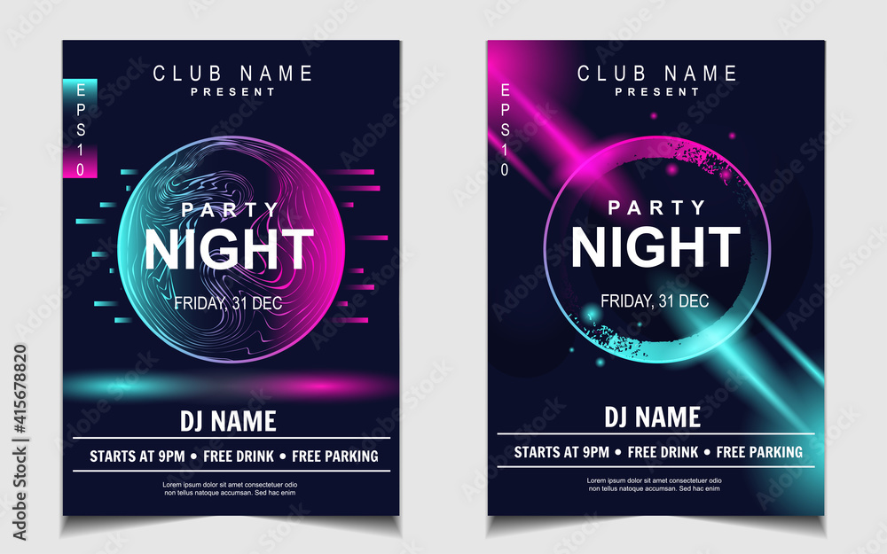 Night dance party music layout cover design template background with colorful dark blue glitters style. Light electro vector for music event concert disco, club invitation, festival poster, flyer Night dance party music layout cover design template background with colorful dark blue glitters style. Light electro vector for music event concert disco, club invitation, festival poster, flyer