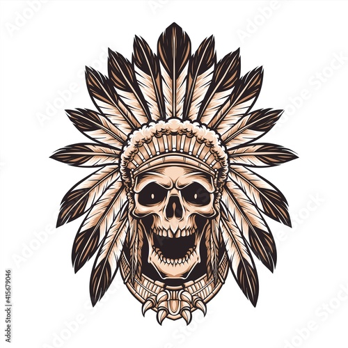 skull indian wearing headdress vector