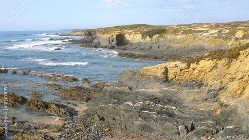 Sunny Day At Beautiful Beach With Cliffs In Costa Vicentina, Alentejo, Portugal. - Static Wide Shot