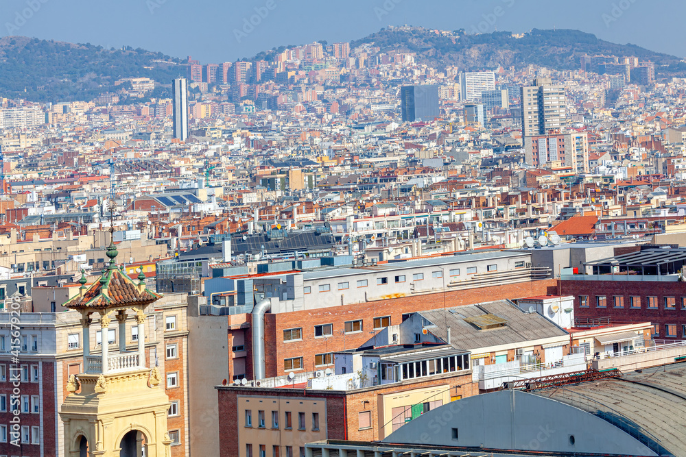 Barcelona residential district . Panorama with streets and houses of Barcelona 
