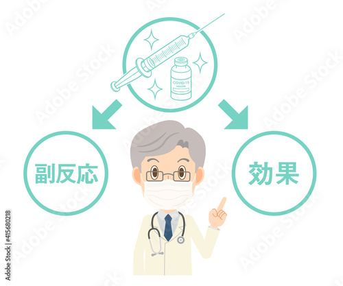 新型コロナワクチンの効果と副反応の説明をするマスクの男性医師