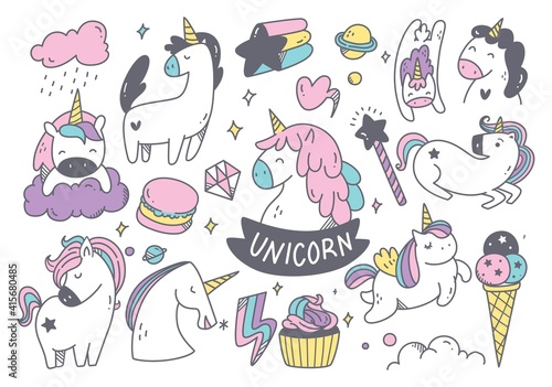 set of cartoon unicorn doodle with other cute object vector illustration