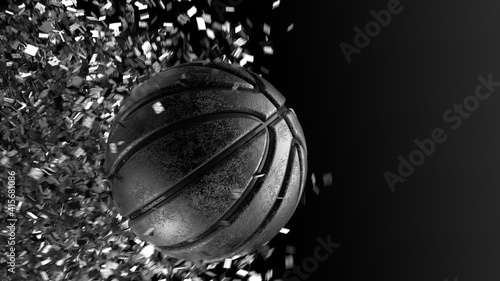 Scratched Metallic Black Basketball with Rotation Particles under spot lighting background. 3D illustration. 3D high quality rendering. 