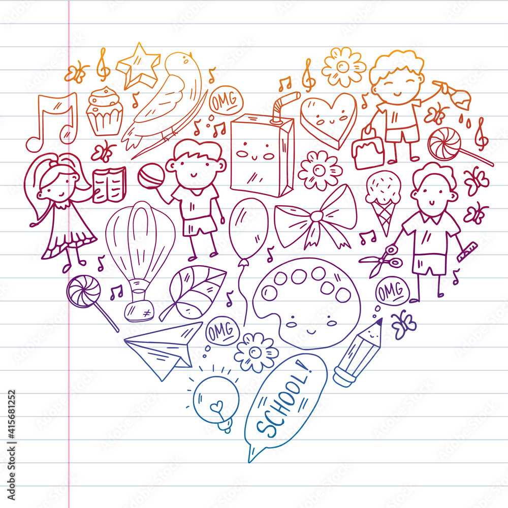 Fototapeta premium Kids drawing Kindergarten School Happy children play Illustration for kids Nursery Preschool Children icon