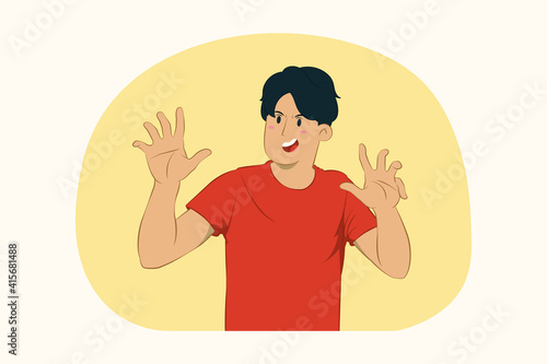 Crazy young man shouting, growling like animal concept