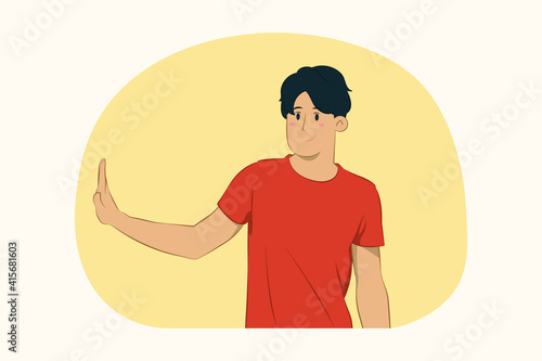 Concerned young man showing stop gesture aside with palm concept