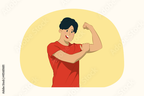 Young man showing biceps muscles concept