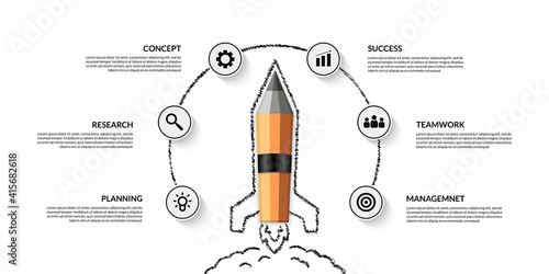 Realistic pencil spaceship launching infographic with multiple options, Welcome back to school background