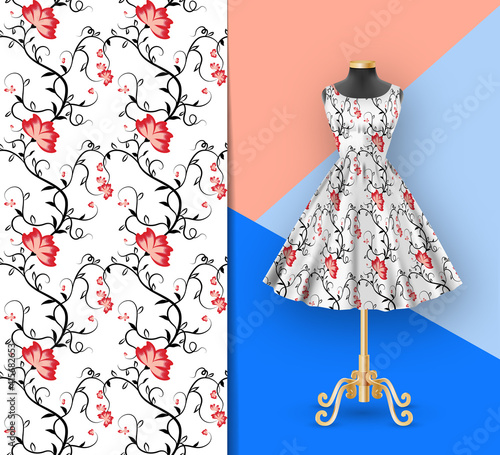 Seamless pattern of pink and red flowers on classic womens dress mockup and black mannequin. Hand-drawn ornate pattern with an example of application. Clothes realistic 3d mock up.
