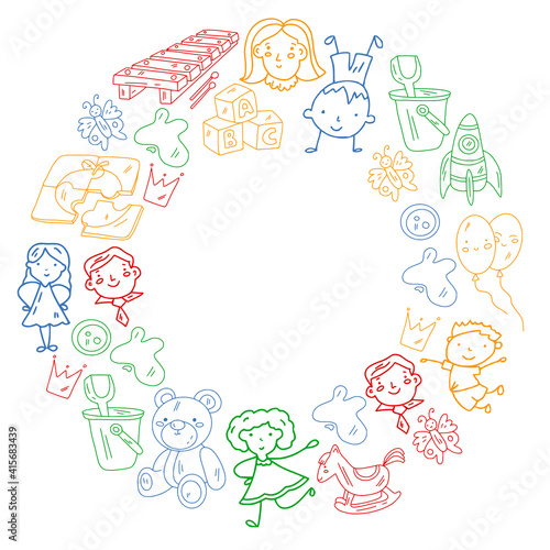School, kindergarten. Happy children. Creativity, imagination doodle icons with kids. Play, study, grow Happy students Science and research Adventure Explore
