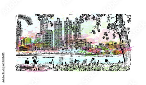 Building view with landmark of Bangkok is the
capital of Thailand. Watercolour splash with hand drawn sketch illustration in vector.