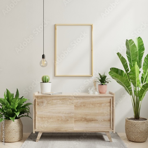 Mockup frame on cabinet in living room interior,Scandinavian style. photo