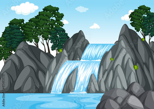 Forest background scene with waterfall