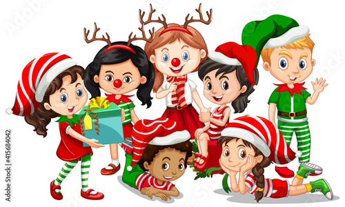 Children wear Christmas costume cartoon character on white background