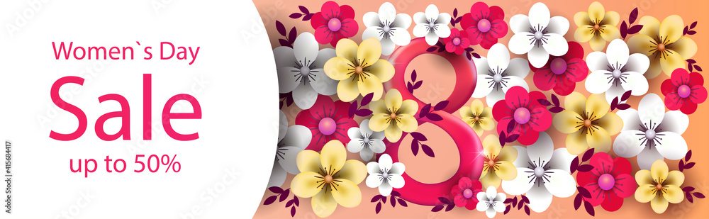 Obraz premium elegant eight number womens day 8 march holiday celebration sale banner flyer or greeting card with flowers horizontal vector illustration