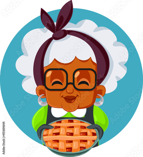 Funny Grandmother Holding Apple Pie Vector Cartoon