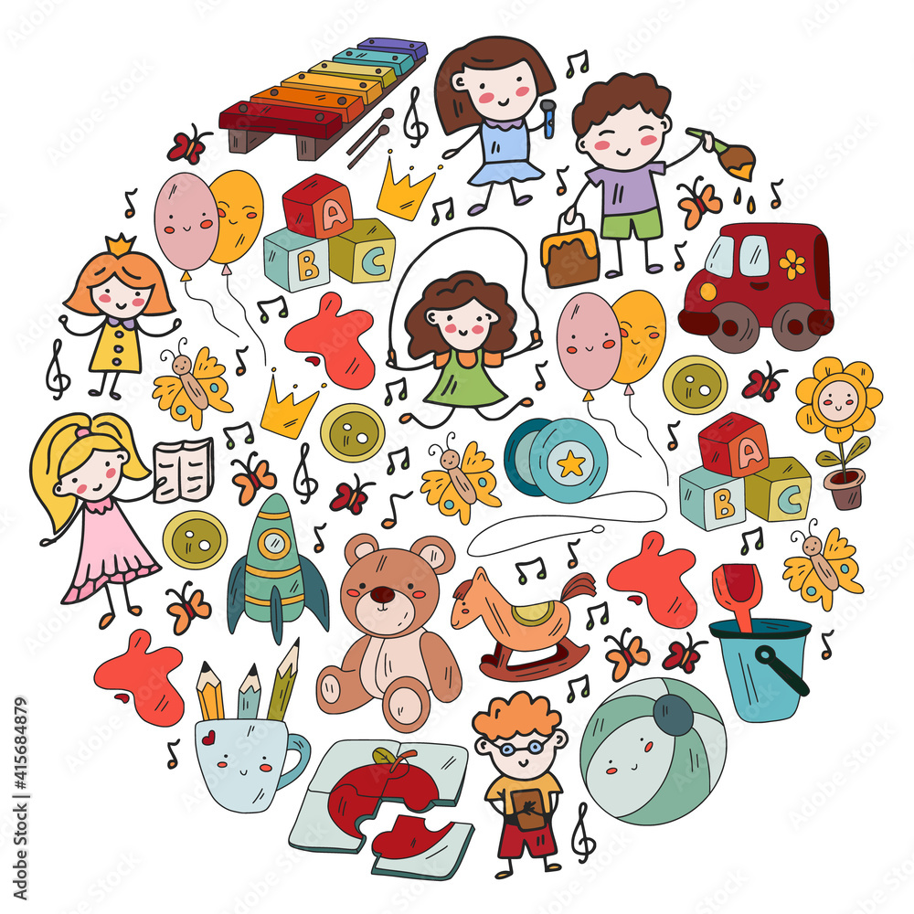 Fototapeta premium Vector pattern. Kindergarten and toys. Little children game. Kids playground. Education, creativity, imagination.