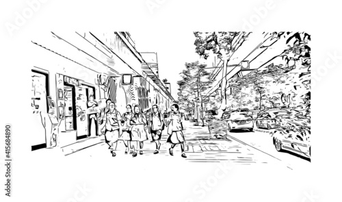 Building view with landmark of Bangkok is the
capital of Thailand. Hand drawn sketch illustration in vector.