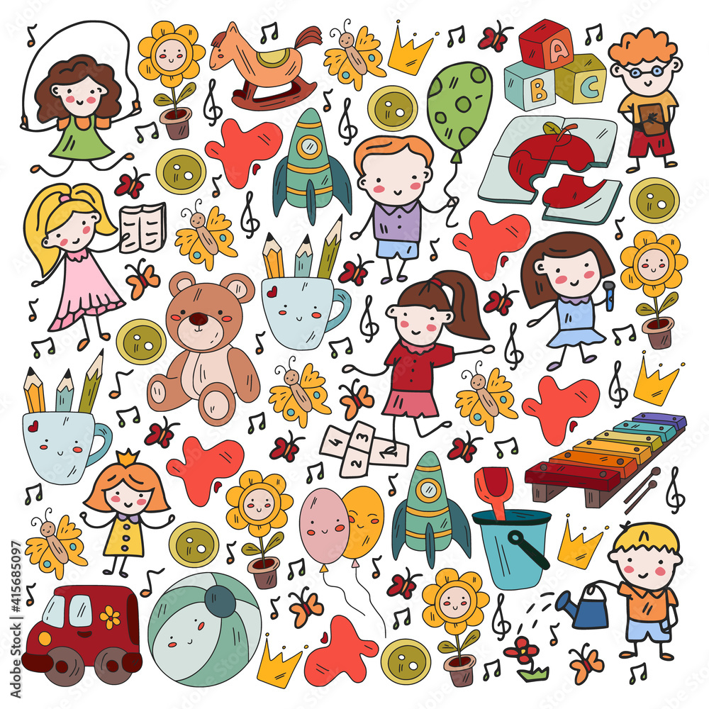 Vector pattern. Kindergarten and toys. Little children game. Kids playground. Education, creativity, imagination. Vector pattern. Kindergarten and toys. Little children game. Kids playground. Education, creativity, imagination.