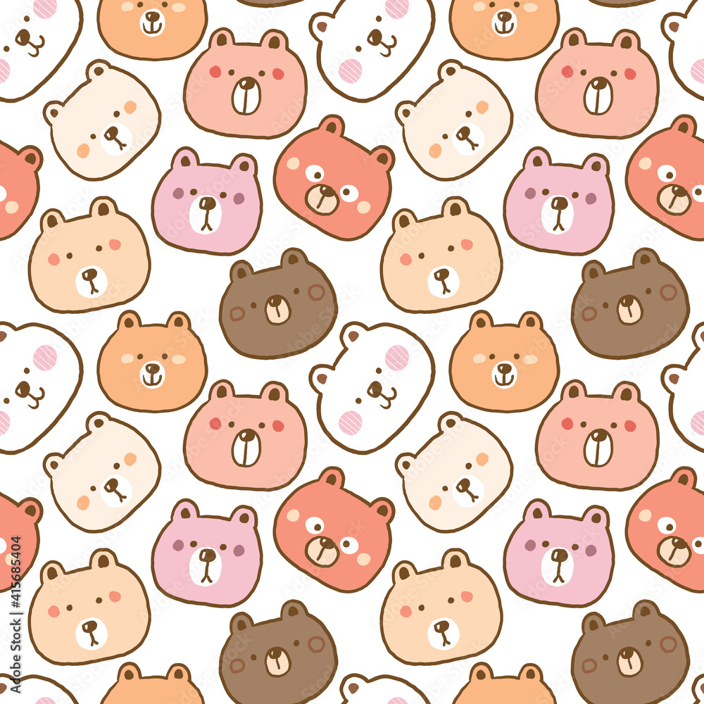 Seamless Pattern with Cartoon Bear Face Illustration Design on White Background
