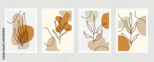Botanical wall art vector set. Earth tone background foliage line art drawing with abstract shape and watercolor. Design for wall framed prints, canvas prints, poster, home decor, cover, wallpaper.