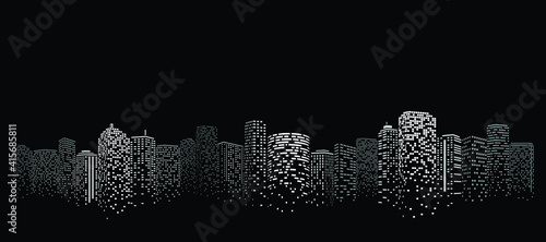 Perspective building. Digital or smart city illustration. City scene on night time. 