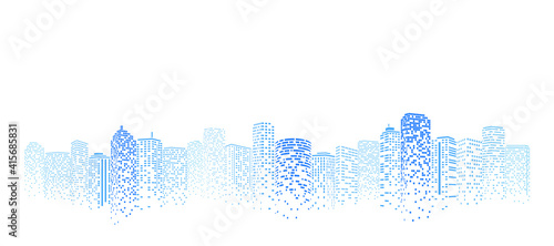 Perspective building. Digital or smart city illustration. City scene on night time. Isolated or white background.