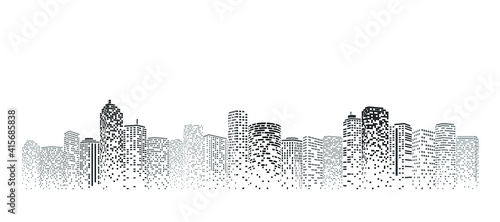 Perspective building. Digital or smart city illustration. City scene on night time. Isolated or white background.